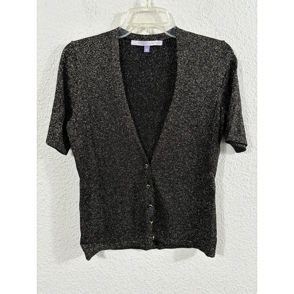 Luxe By‎ Carmen Marc Valvo Sweater Womens XS Black Gold Glittery Knit Cardigan